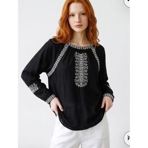 Lucky Brand Womens Black Embroidered Peasant Blouse Long Sleeve Top Small